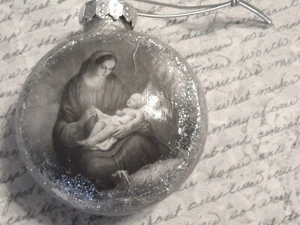 New OOAK Gray Sepia Decoupage Mary w Baby Jesus Religious Art Christmas Ornament - Picture 1 of 4