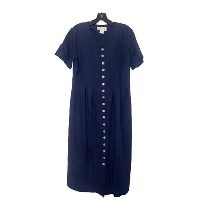 Vestido Orvis Talla 12 Azul Marino Botón Frontal Midi Mezcla de Lino Clásico Vintage Años 90 Foto 1 de 4
