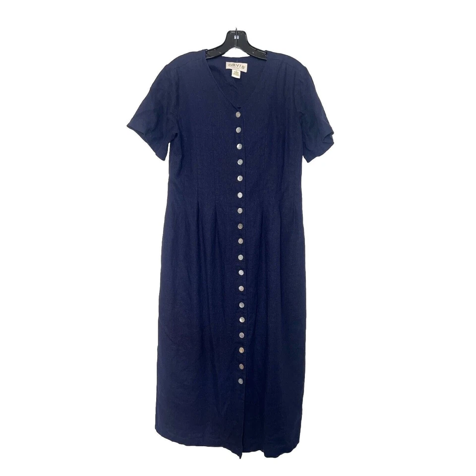 Vestido Orvis Talla 12 Azul Marino Botón Frontal Midi Mezcla de Lino Clásico Vintage Años 90 Foto 1 de 4
