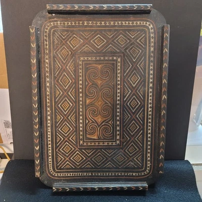 Hand carved wood serving tray serving platter Ethnic carvings geometric design  - Image 1 of 4