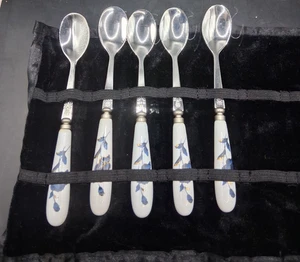 "Juego de 6 cucharas de 6"" con mango de cerámica floral azul 18/10 de acero inoxidable Demitasse de colección" - Imagen 1 de 7