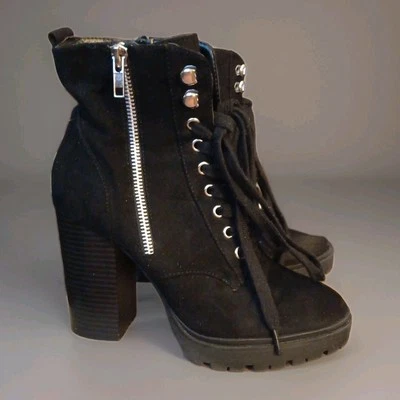 *Forever 21* Botas de tacón con cordones para mujer, talla 7, negras, gamuza, doble cremallera, 4 pulgadas Foto 1 de 4