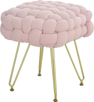 Pink Square Footstool Woven Velvet Ottoman Metal Leg Vanity Makeup Seat - Image 1 of 4