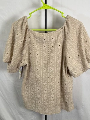 Harper 241 Beige Lace Eyelet Puff Sleeve Blouse Boho Cottagecore Small - Image 1 of 4