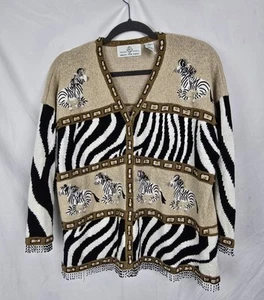 Design Options by Philip Jane Gordon Zebra Safari Beaded Button Up Sweater sz XL - Picture 1 of 8