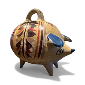 Vintage 1940's Tlaquepaque Mexican Folk Art Piggy Pig Bank Finger Loop Colorful - Picture 1 of 13