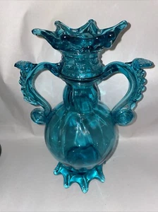 Stunning Bold Statement Vintage Studio Aqua Blue Hand Blown Twin Hand Vase 27cm - Picture 1 of 16