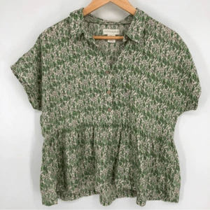 Cynthia Rowley Shirt Damen Medium 100 % Leinen Blätterdruck botanisch Henley Schößchen - Bild 1 von 12