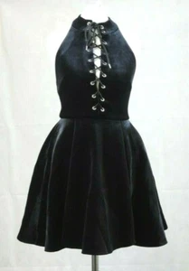 Asos Black Mini Halter Full skirt Lace Up Velvet Dress Size 2 uk CR008 HH 10 - Picture 1 of 5