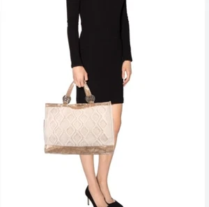 TORY BURCH Tote Bag Cable Knit METALLIC GOLD TRIM Wool Silk Lining Horse READ! - Picture 1 of 17