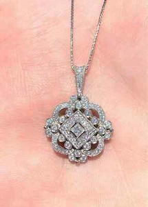 1.50 Ct Round Cut Lab Created Diamond Art Deco Pendant 14K White Gold Plated - Picture 1 of 5