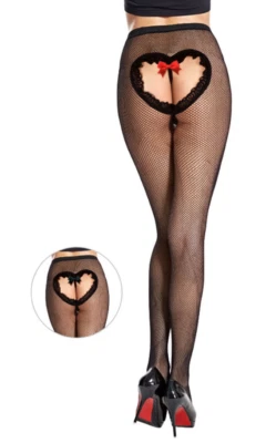 Collant calze a rete da donna pizzo intimo lingerie sexy aperto cuore con fiocco - Immagine 1 di 4