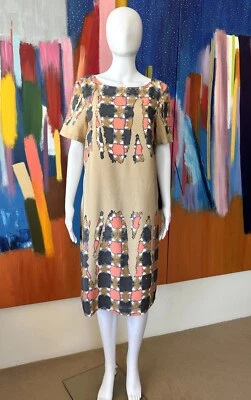 Tibi New York size 10 US (12 AU) dress silk beige printed shift short sleeve - Image 1 of 4