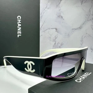 CHANEL Sunglasses Black New Shield Wrap White Limited CC Logo Rare - Imagen 1 de 21