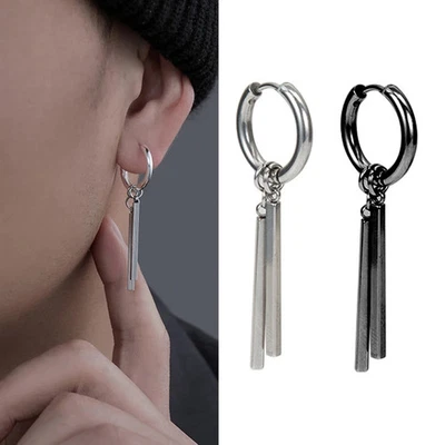 Ear Clip Stud Earrings Titanium Steel Punk Long Stick Pendant Hip Hop Jewelry - Image 1 of 4
