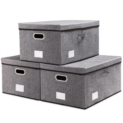 Contenedores de almacenamiento con tapas [paquete de 3] organizador de cajas de almacenamiento plegables de tela de lino... Foto 1 de 4