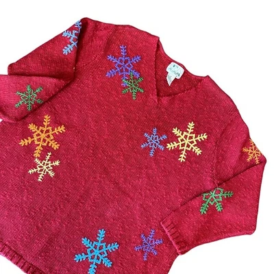 VNTG Quacker Factory Women's 1X Red V Neck Rainbow Snowflakes Sweater - Image 1 of 4