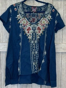 Johnny Was Size M Blue Izora Embroidered Drape Knit Top Boho Chic - Picture 1 of 5