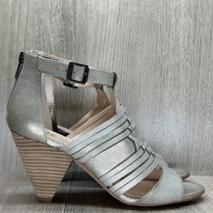 Vince Camuto James Sandal Women 8.5 Leather Zip Buckle Cone Heel Open Toe Silver - Picture 1 of 13