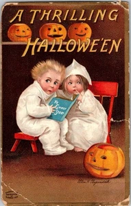 Cartolina antica Halloween Clapsaddle JOL storie di fantasmi lacrima povera JO5 - Foto 1 di 2