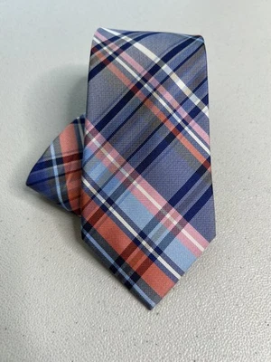 Croft & Barrow Blue, White, Pink, Orange Plaid Pattern 100% Silk Tie NWOT - Imagem 1 de 4