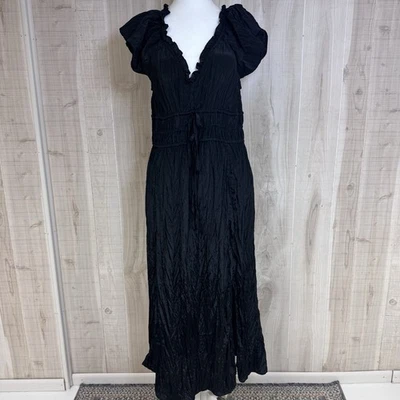 J.Crew Crinkle Chiffon Black Sheer Long-Sleeve Midi Dress Cap Sleeve Sz LP - Image 1 of 4