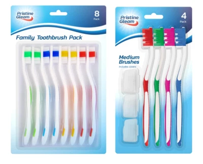 PRISTINE GLEAM Adult Toothbrush 8pk & 4pk Toothbrush With 3 Covers Nylon Bristles Soft Brush