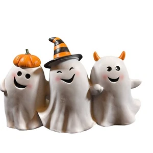 Whimsical Smiling Ghost Trio Ceramic Halloween Witch Devil Pumpkin - Picture 1 of 7