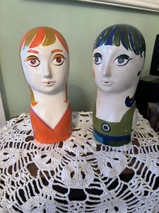 2 Rare Vintage 1970s Ceramic Mod Girl Head Figurines, Takahashi Japan - Picture 1 of 8