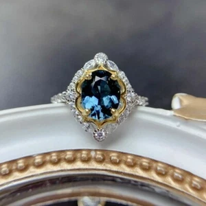 2Ct Oval Cut London Blue Topaz Diamond Halo Engagement Ring 14K White Gold Over - Picture 1 of 6