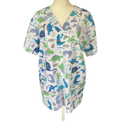 UA Scrubs Mujer M Stompin Dino Blanco Manga Corta Cuello en V Jersey Blusa Médica Foto 1 de 4