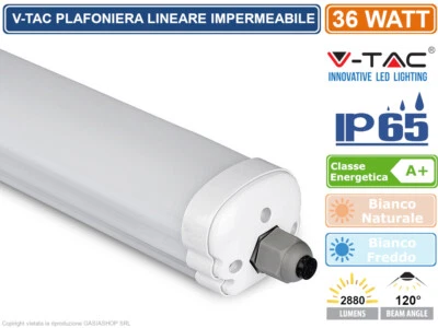 V-TAC VT-1249 TUBO LED PLAFONIERA 36W LAMPADINA 120CM IMPERMEABILE ESTERNO IP65 - Immagine 1 di 4