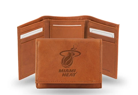 Miami Heat Tan Leather Tri Fold Wallet Embossed Logo Cover