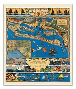Vintage Newport Hafen Kalifornien Karte Poster - Ganzjähriger Spielplatz illustriert - Bild 1 von 4