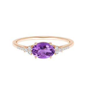 14k Rose Gold East West Oval Amethyst 1.0CTW Solitaire Bridal Promise Ring - Picture 1 of 6