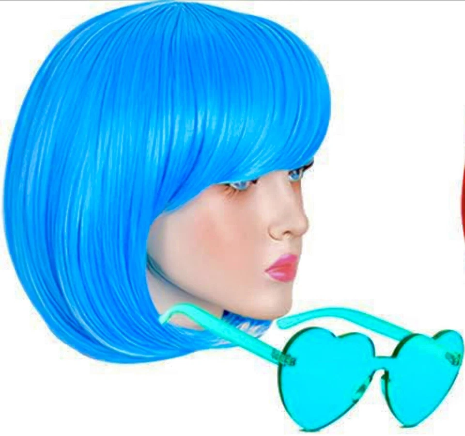 NEW Neon Blue Bob Wig with Bangs + Party Heart Sunglasses Halloween Costume - Image 1 of 1