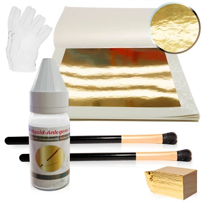 SULDEX Blattgold SET Starter 14cm Goldfolie Groß Hochglanz Pinsel Anlegemilch Komplett
