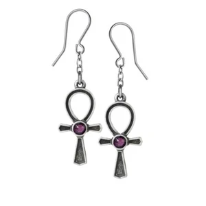 Alchemy Gothic Ankh Of Osiris Earrings Pewter Eternal Life Purple Crystals Egypt - Picture 1 of 2