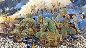 WORLD WAR 2 - US SOLDIERS Machine Gun close up Art Painting 6 x 10-3/4" REPRINT - Picture 1 of 2