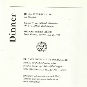 Menú de cena vintage 1984 Holland America Line Cruises Noordam's Riviera Mexicana - Imagen 1 de 1