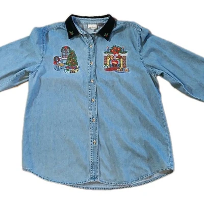Bobbie Brooks Sz 12-14 Christmas Denim Velvet Collar Embroidered Button Up  - Image 1 of 4
