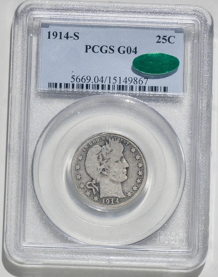 1914-S G04 4 PCGS 15 SILVER QUARTER DOLLAR GREEN BEANIE  .25  Coin Graded US - Image 1 of 3