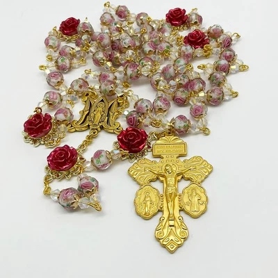 Rosary Immaculate Mary Lampwork Beads Gold Tone Pardon Crucifix and Roses - Image 1 of 4