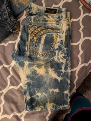 Jeans Robins 36 cintura azul y dorado tachonado solapa larga raro Foto 1 de 4