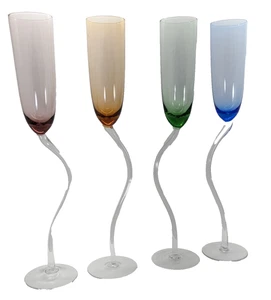 Curvy Stem Glass Flute Tall Hand Blown Champagne Glass Blue, Green, Pink, Amber - Picture 1 of 14