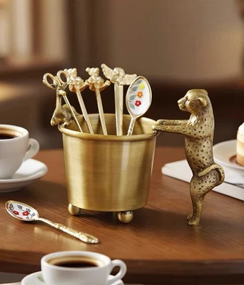 Antique Gold Brass Storage Canister with Cheetah Accent - Vintage Tabletop Decor - Image 1 of 4