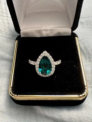 Pear Lab Created Emerald & Natural Diamond Halo Ring - Image 1 of 4