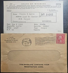 Cheyenne WY Secretaria de Estado Vehículo Registro Casper 1928 Condado de Laramie - Imagen 1 de 5