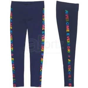 New Girls Cotton Rich Sporty Blue Leggings "Awesome" Metallic Trim ex M S Age - Picture 1 of 8