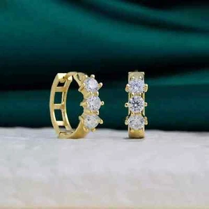 1.90Ct Round Real Moissanite Huggie Hoop Earrings 14k Yellow Gold-Plated Silver - Picture 1 of 8